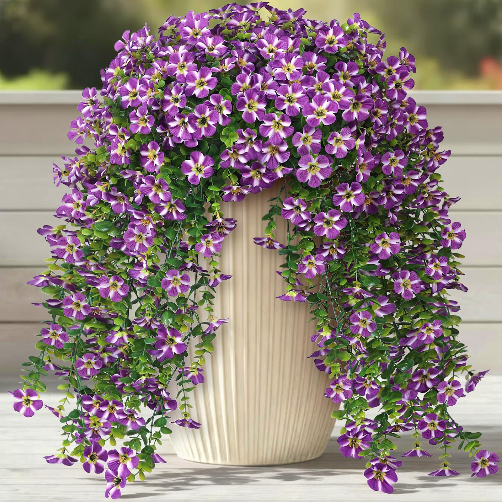 VIERENA 4 Bundles Artificial Hanging Morning Glory Flowers for Outdoor, Realistic Hanging Flowers Silk Fake Morning Glory with Faux Eucalyptus for Yard Garden Porch Patio Balcony Home Decor (Purple)