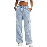 HVEPUO Womens High Waisted Cargo Pants Y2K Baggy Wide Leg Casual Stretchy Jeans for Women Streetwear Pull On Trousers Pants