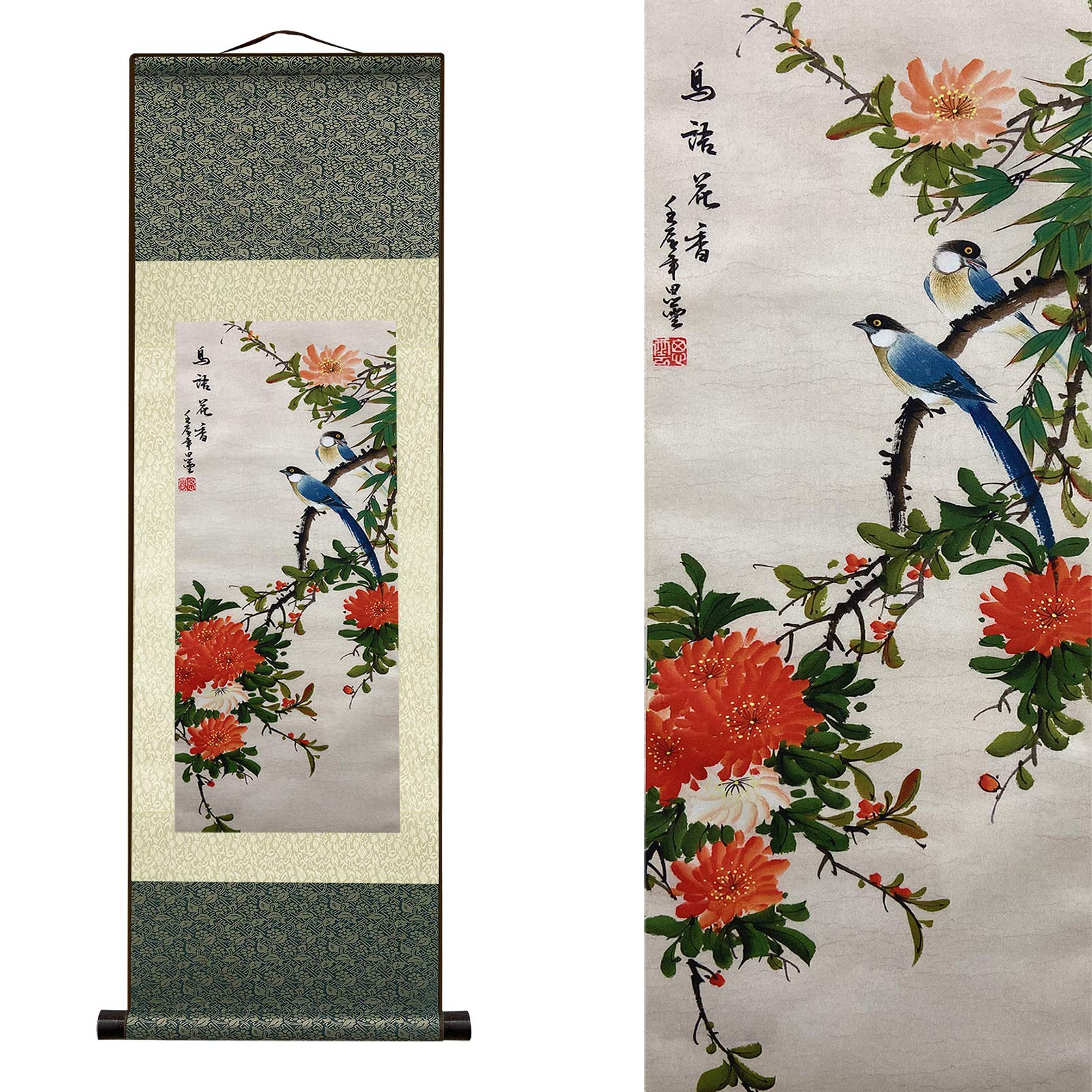 AtfArt Asian Wall Decor Beautiful Silk Scroll Painting Birds and Flowers - Bird Language Flower Fragrant Oriental Decor Chinese Art Wall Scroll Wall Hanging Painting Scroll (36.2 x 12 in)