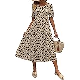 Zeagoo Womens Summer Dress Casual Midi Dresses 2026 Short Puff Sleeve Flare Dress Pleated Flowy Sundress with Pockets