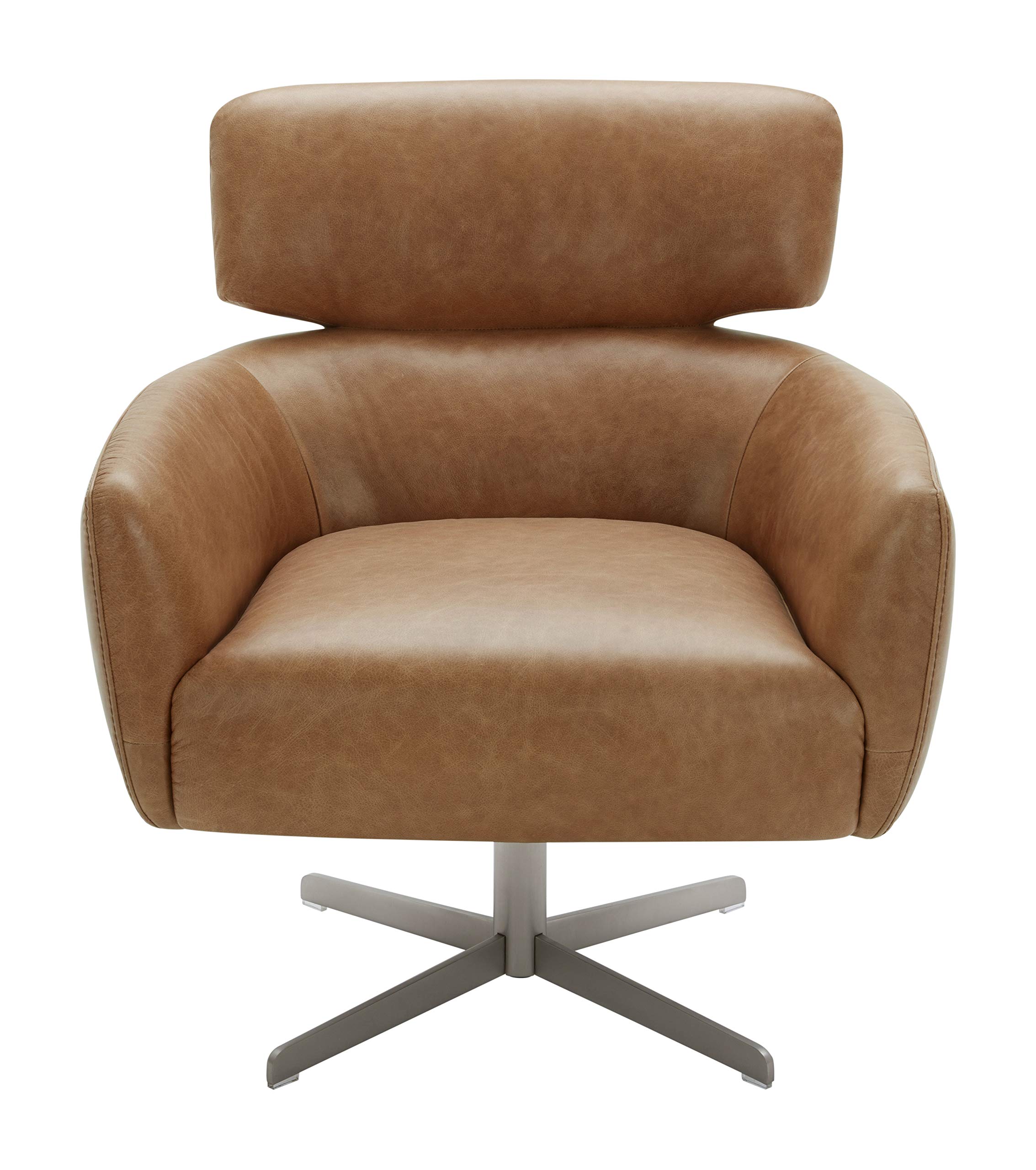 Rivet Adrienne Swivel-Base Contemporary Living-Room Chair, 29INW, Leather, Cognac