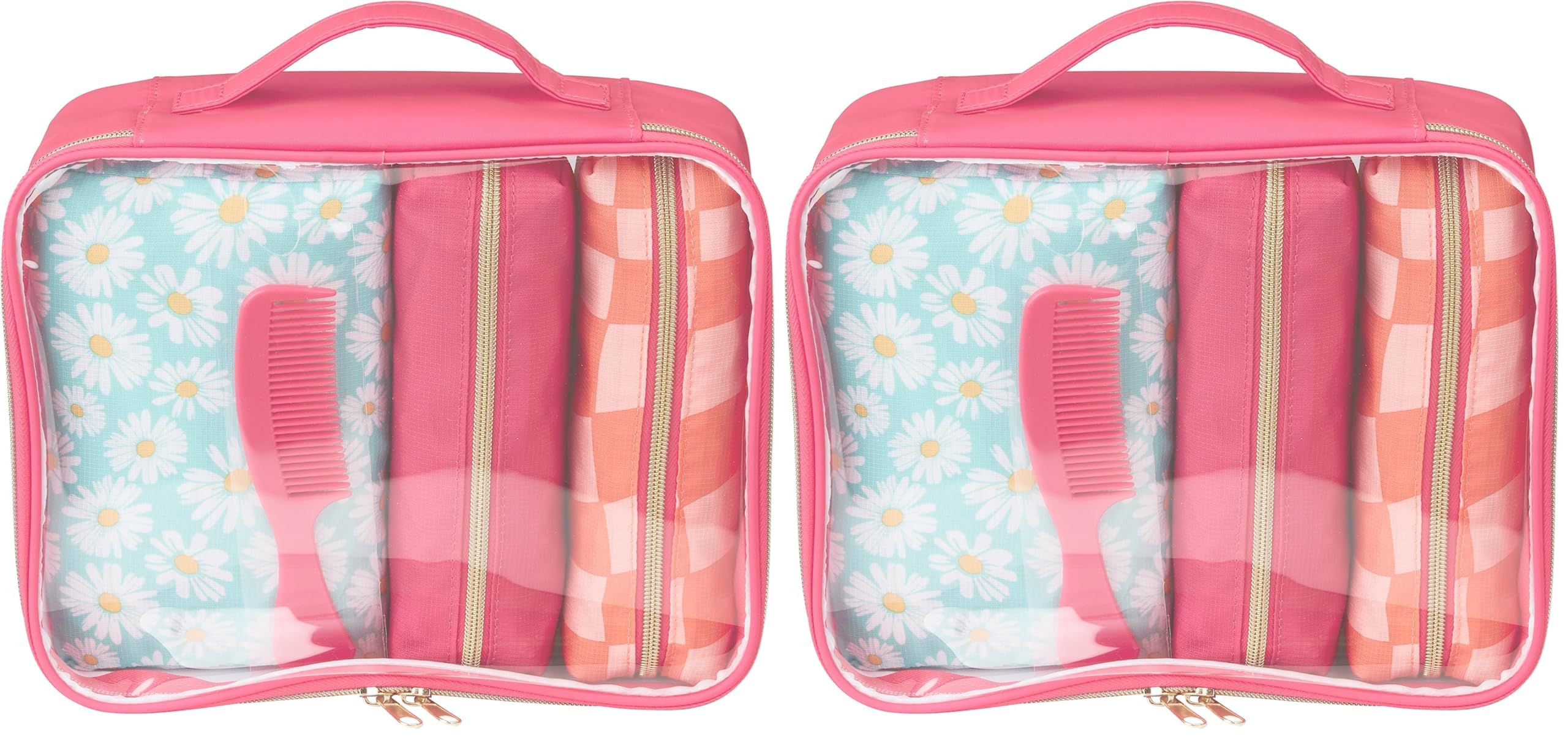 Conair 5 Piece Toiletry and Cosmetic Bag Set Under $30, Includes 4 Makeup Bags and 1 Travel Comb in Pink and Daisy Prints (Pack of 2) Image