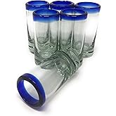 Hand Blown Mexican Tequila Shot Glasses – Set of 6 Cobalt Blue Rim Tequila Shot Glasses (2 oz each)