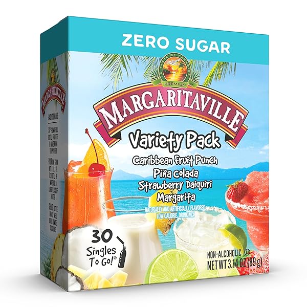 MARGARITAVILLE SINGLES TO GO WATER DRINK MIX, VARIETY PACK, INCLUDES 4 FLAVORS: CARIBBEAN FRUIT PUNCH, PINA COLADA, STRAWBERRY DAIQUIRI, AND MARGARITA,1 BOX (30 SINGLE SERVINGS)