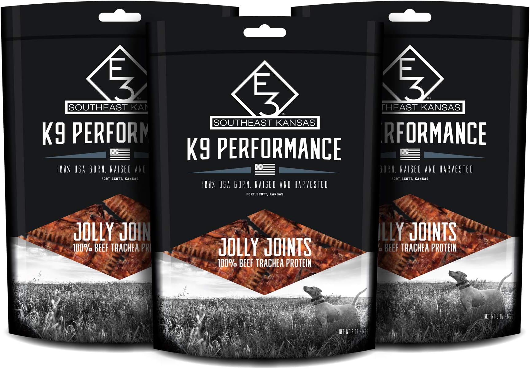 E3 K9 Performance Made in USA Jolly Joints 100% Beef Trachea Protein Dog Treats, 5-Ounce Bag (3 Pack)