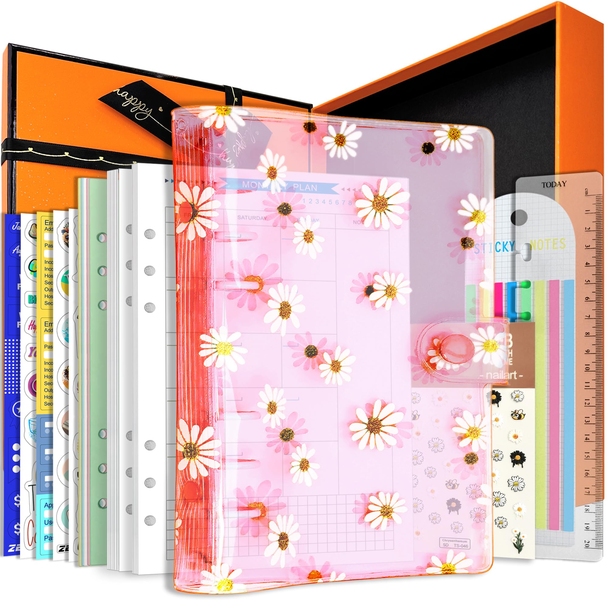 A5 6-Holes Colorful PVC Cover Round Ring View Binder with Snap Button Closure File Folder(Pink Daisy, A5 Gift Box)
