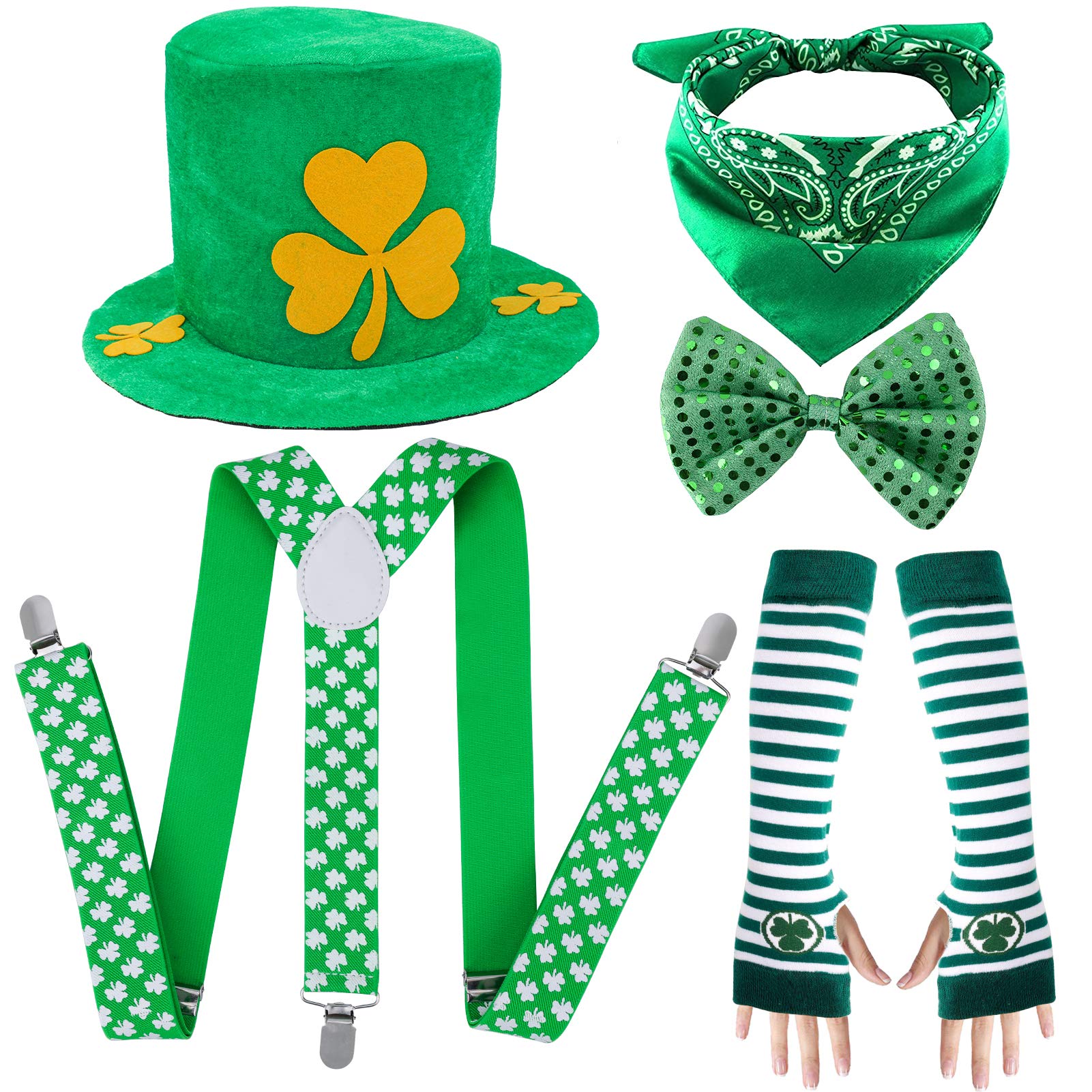 Qpout St. Patrick’s Day Costume Accessories, Leprechaun Shamrock Hat, Suspender, Striped Arm Warm Gloves, Green Bow Tie And Square Scarf, for Kids Women Men St. Patrick’s Day Party Favor Decoration