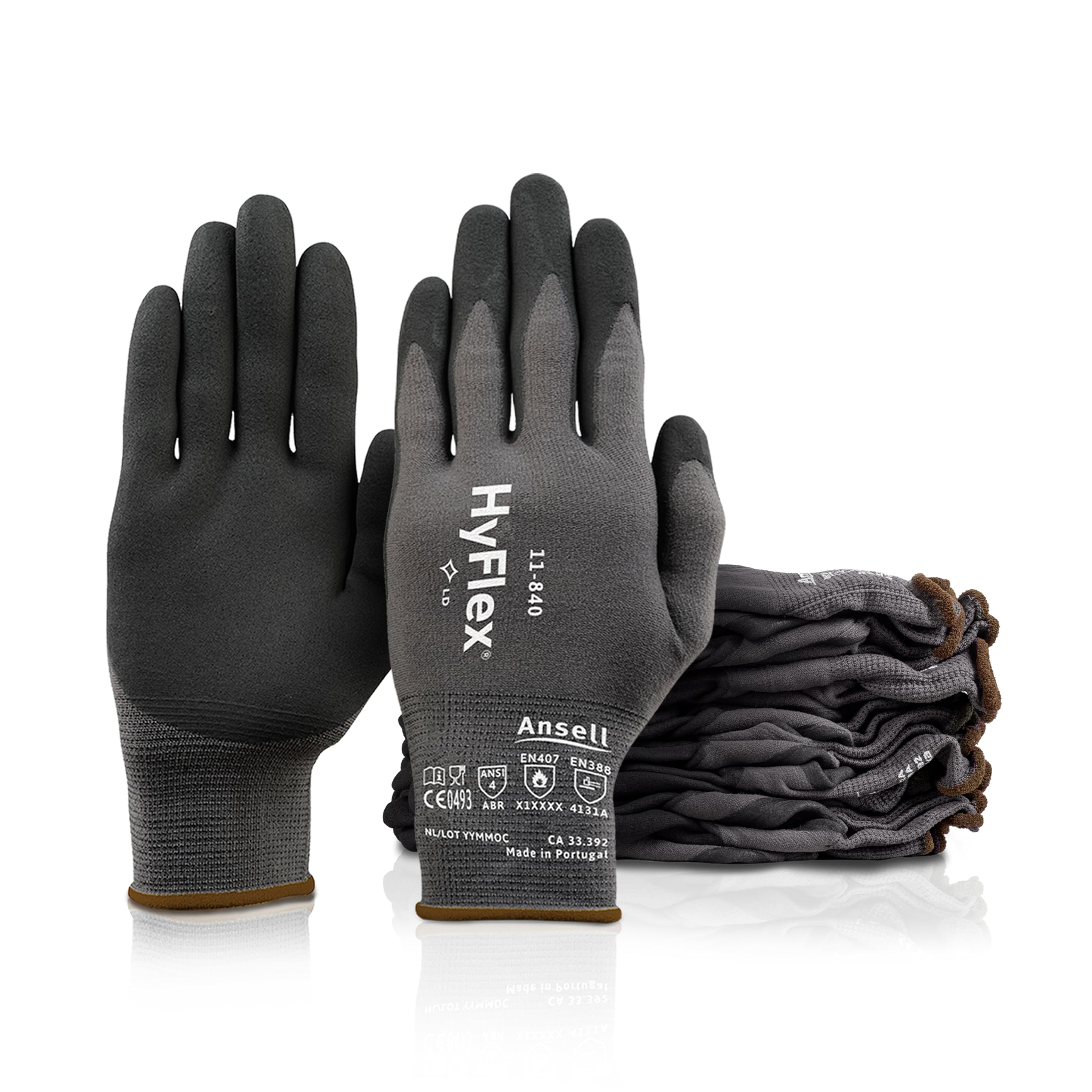 Ansell HyFlex 11-840, Professional Work Gloves, Abrasion Resistant Nitrile Coated, Breathable, Firm Grip, Multipurpose, Industrial, Black, XL (Pack of 12 Pairs)
