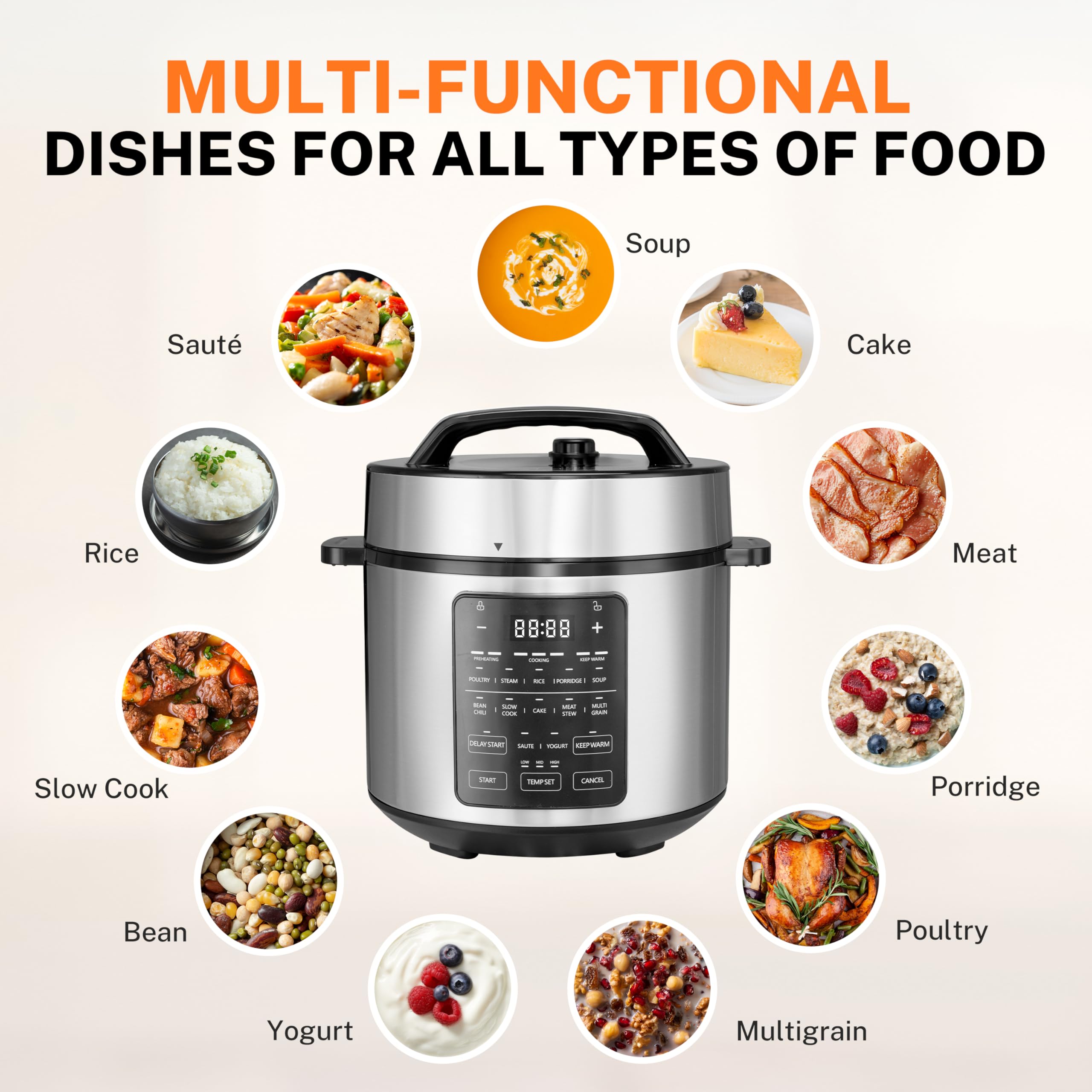 Simple Deluxe Electric Pressure Cooker, Non-Stick 12-in-1 & 6QT Stainless Steel Multi Cooker for Slow Cook, Meat Stew, Cake, Porridge, Multigrain, Dishwasher Safe, Silver