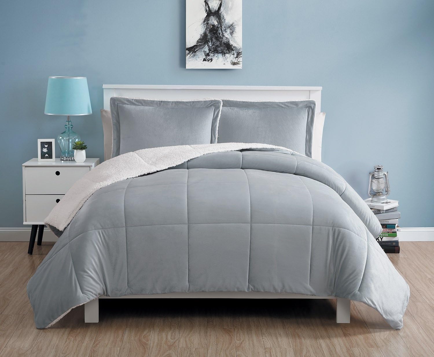 VCNY Home Micro Mink Reversible 3-Piece Warm Sherpa Comforter Set, King, Grey