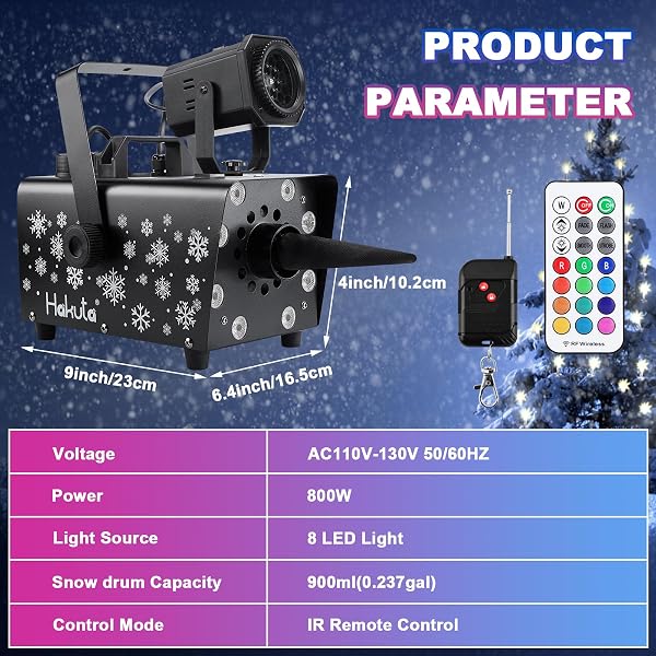 HAKUTA UPGRADED 800W SNOW MACHINE WITH 8 LED RGB LIGHTS, LED PROJECTION, AND 2 WIRELESS REMOTES, PERFECT FOR CHRISTMAS, HALLOWEEN,PARTIES, WEDDING AND DJ STAGE