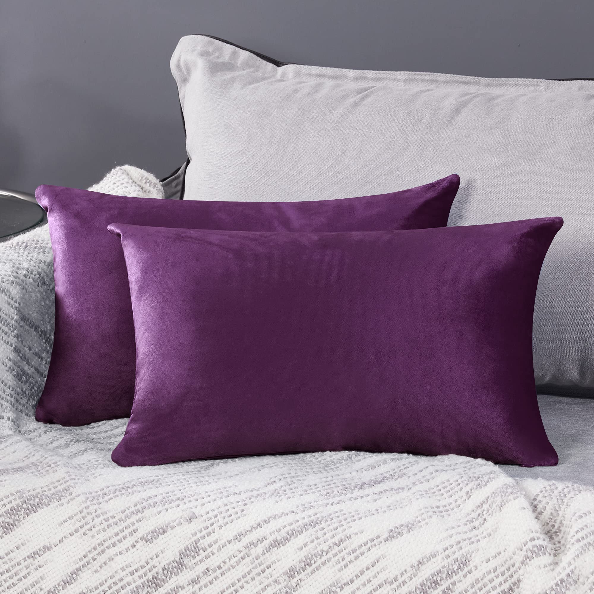 Deconovo Set of 2 Home Decoration Crushed Velvet Cushion Covers 30cm x 50cm 12x20 Inches Throw Pillow Cases Cushion Covers for Garden Chairs Purple