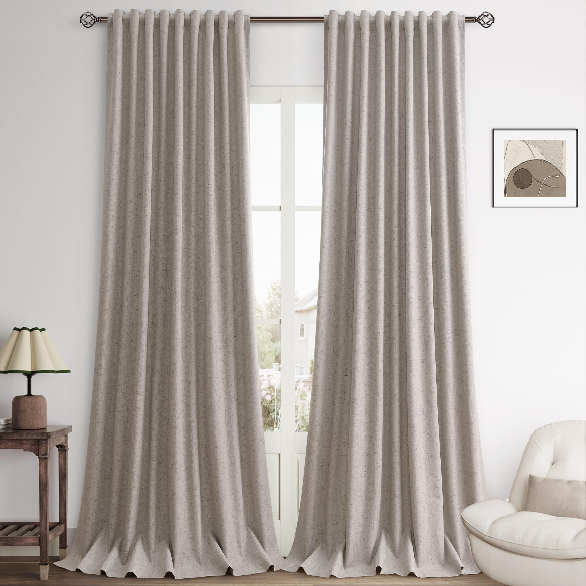Photo 1 of Hokibero Brownish Grey Blackout Curtains Linen for Bedroom 108 Inches Long Back Tab Farmhouse Living Room Darkening Curtains Thermal Insulated Modern Curtain Black Out 52x108