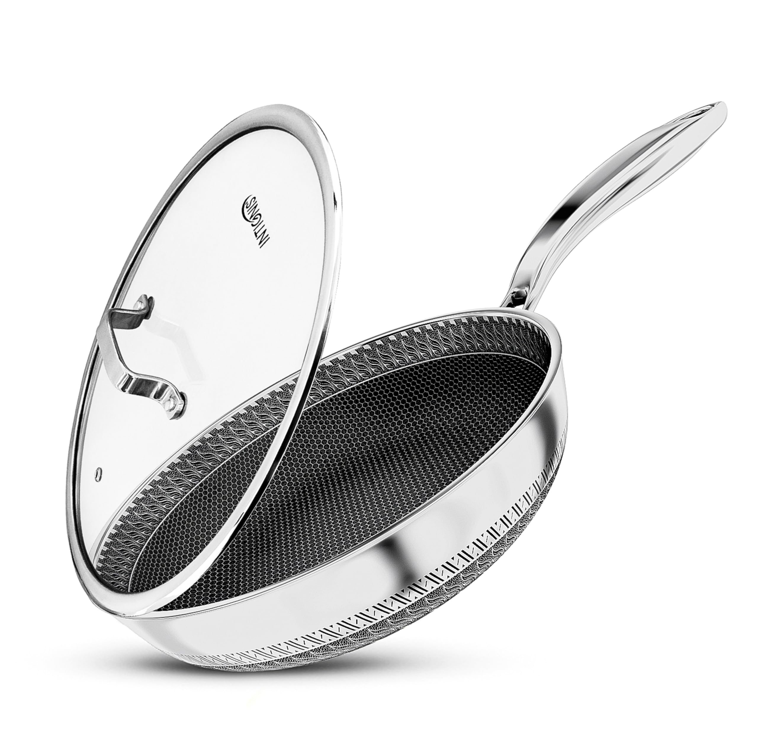 INTIGNIS Premium Frying Pan with Lid – 28cm / 11" Extra-Deep Stainless Steel Skillet – Honeycomb Hybrid Design, GREBLON® Shield Technology, Scratch Resistant, Chemical-Free, Oven & Hob Compatible