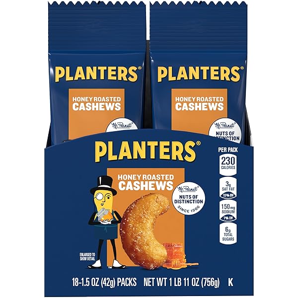 PLANTERS HONEY ROASTED & SALTED CASHEWS, 1.5 OUNCE (PACK OF 18)