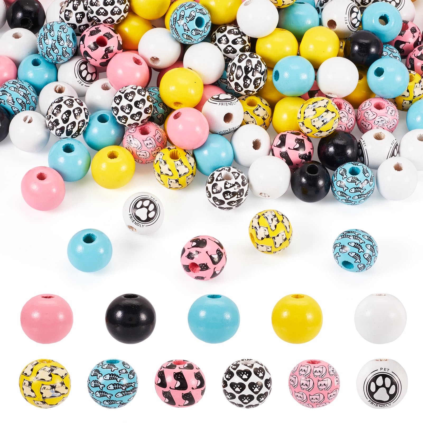 Crafans 160 Pcs Cute Painted Wood European Cartoon Animal Large Hole Wooden Beads - 16mm Round Natural Wood Spacer Beads for DIY Bracelet Jewelry Making