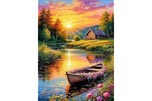 Diamond Painting Kits for Adults Countryside Sunset, DIY 5D Diamond Art Kits for Adults, Riverside Cabin Full Round Drill Gem