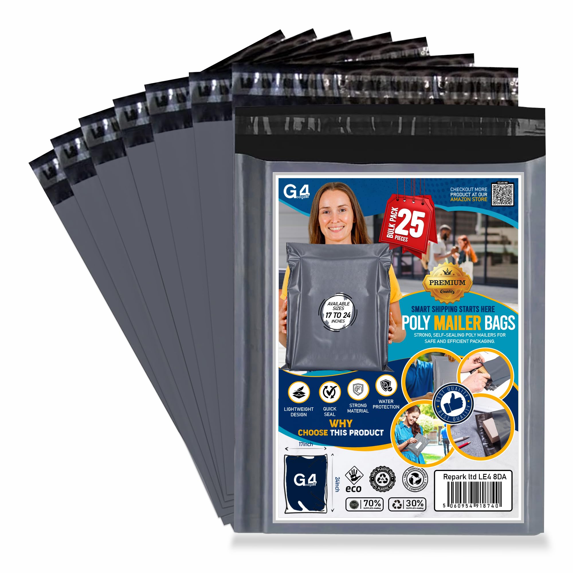 G4GADGET 25 Pack Large Grey Mailing Bags 17x24 [432mm x 610mm] – Strong Postage Bags for Clothes, Vinted Shipping, Parcel Packaging, Delivery, Mailing & Posting