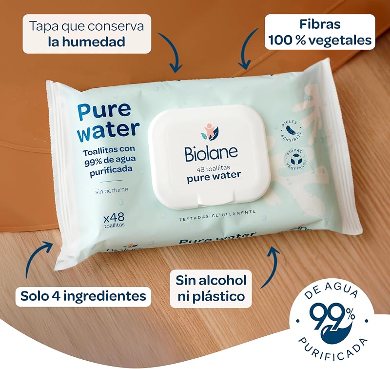 Biolane - Toalhitas para bebés com água pura, 384 toalhitas (8 embalagens de 48 unidades), 99% água purificada, apenas 4 ingredientes, sem fragrância, pele sensível, recém-nascida, 100% fibras vegetais, sem plástico