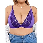 MakeMeChic Women's Plus Size Lace Bralette Wireless Bra Deep V Neck Full Coverage Sheer Bralettes