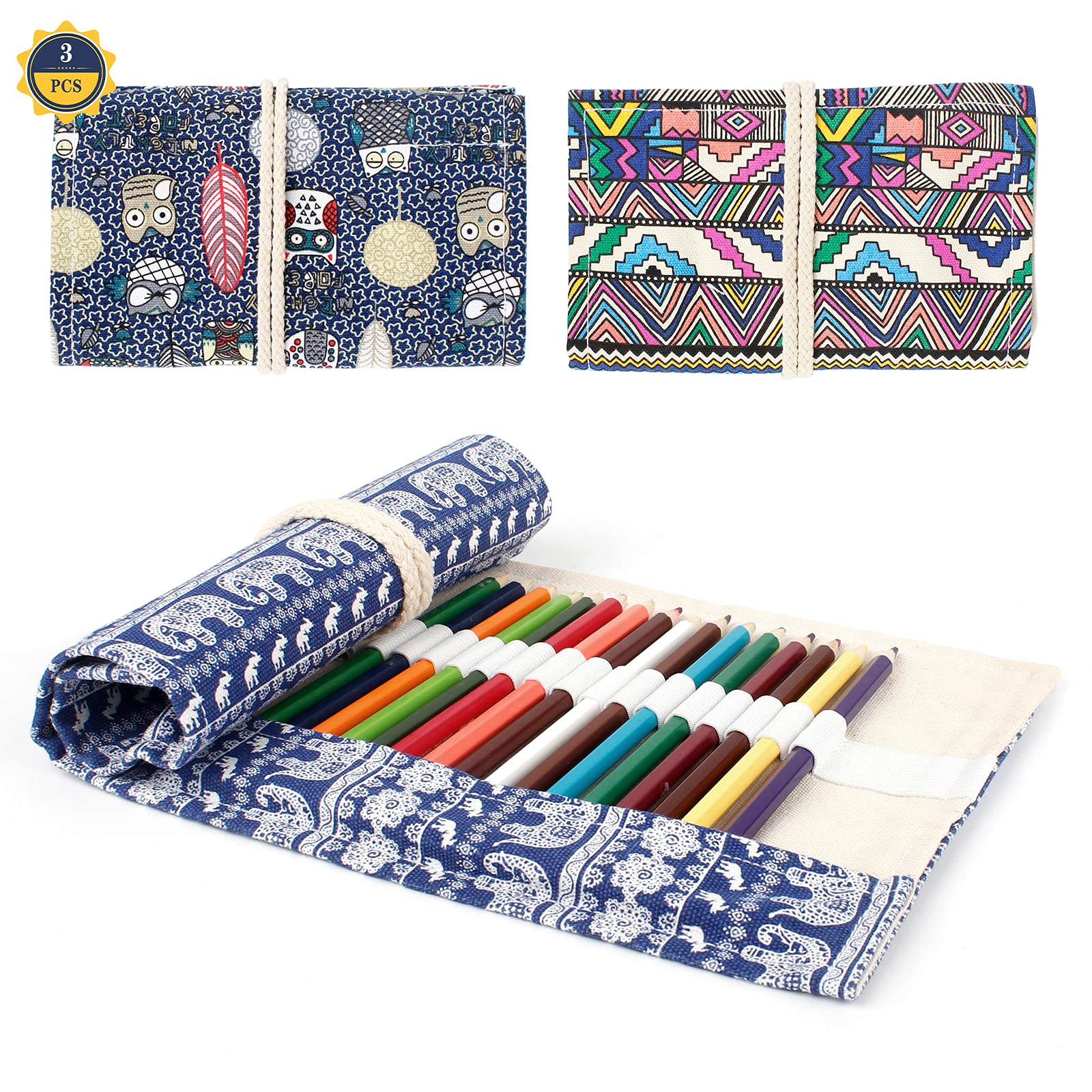 3 PCS Canvas Pencil Wrap 36 Holes Pencil Roll Wrap Canvas Pencil Wrap Case Drawing Coloring Pencil Roll Up Case for School Office Drawing