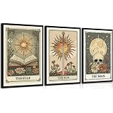 MJVCFWNS 3Pcs Tarot Card Wall Art Boho Celestial Bodies Sun Moon Star Painting Wall Decor Vintage Skull Book Flowers Sword Poster Printing Artwork for Living Room Bedroom Office Home Decor