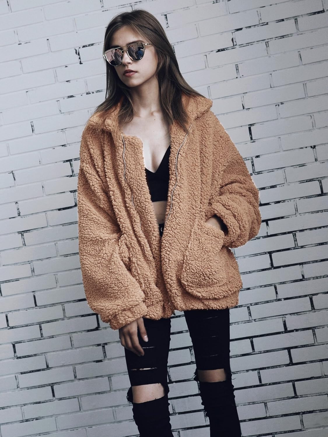 PRETTYGARDEN Women's Fashion Long Sleeve Lapel Zip Up Faux Shearling Shaggy Oversized Coat Jacket with Pockets Warm Winter at  Women’s Clothing store