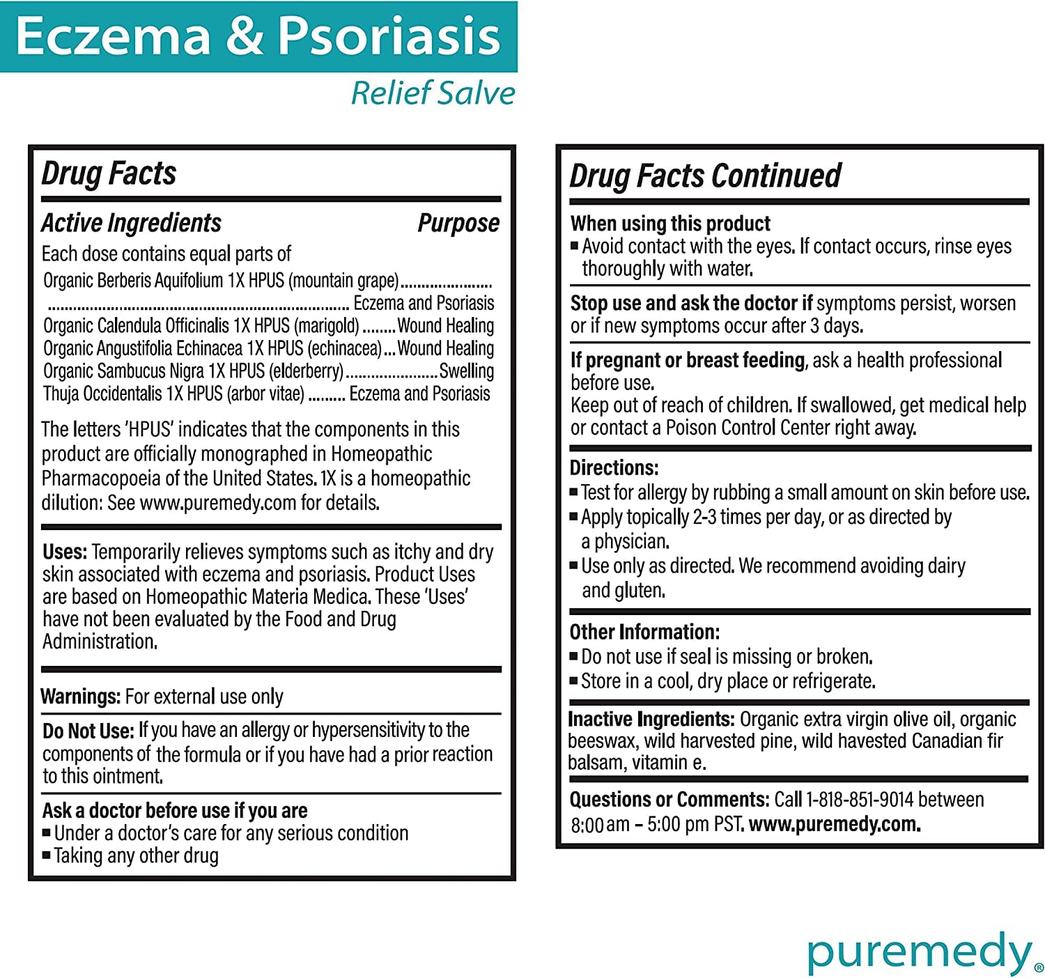 Puremedy Eczema & Psoriasis Relief Ointment Homeopathic All Natural Salve Soothes and Relives Symptoms of Dry Itchy Flaky Scratchy or Weepy Skin - 2 oz Jar