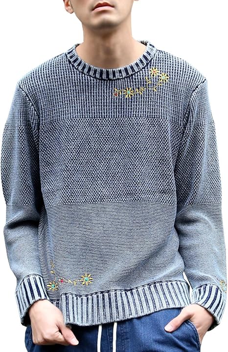 Amazon サインステイト Sign State メンズ インディゴ ニット ネイティブ 刺繍 クルーネック 長袖 セーター ダークインディゴ 93 L セーター 通販