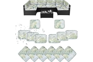 LCKJZYL Patio Cushion Covers Replacement, Waterproof Outdoor Couch Cushion Covers, Outdoor Cushion Slipcovers with Straps, Fade Resistant Cushion Covers for Outdoor Furniture (Green Leaves, 14pcs)