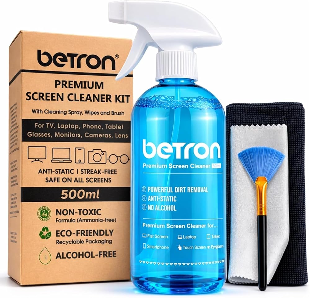 Betron Screen Cleaner Spray 500ml with Microfibre Wipes & Brush
