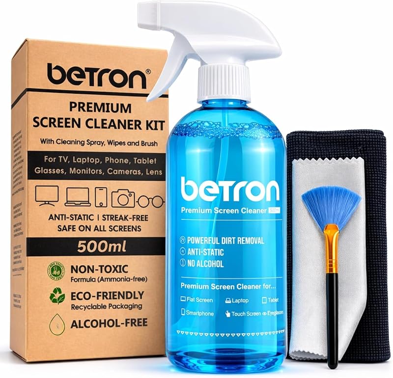 Betron Screen Cleaner Spray 500ml with Microfibre Wipes & Brush