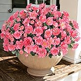 Artificial Faux Flowers Plants for Outdoor Outside Spring Decoration, Fake Silk Pink Camellia UV Resistant Realistic for Planter Pot Porch Patio Balcony Garden Yard Home Decor, 3 Large Bundles