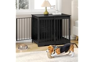 HZUANERI 31.9" Dog Crate Furniture with Barn Door, Heavy Duty Dog Kennel Indoor with 2 Doors, Wooden Pet Cage End Table for Small Medium Dogs up to 44 lb, Anti-Chew Anti-Escape, Black DFC83604B