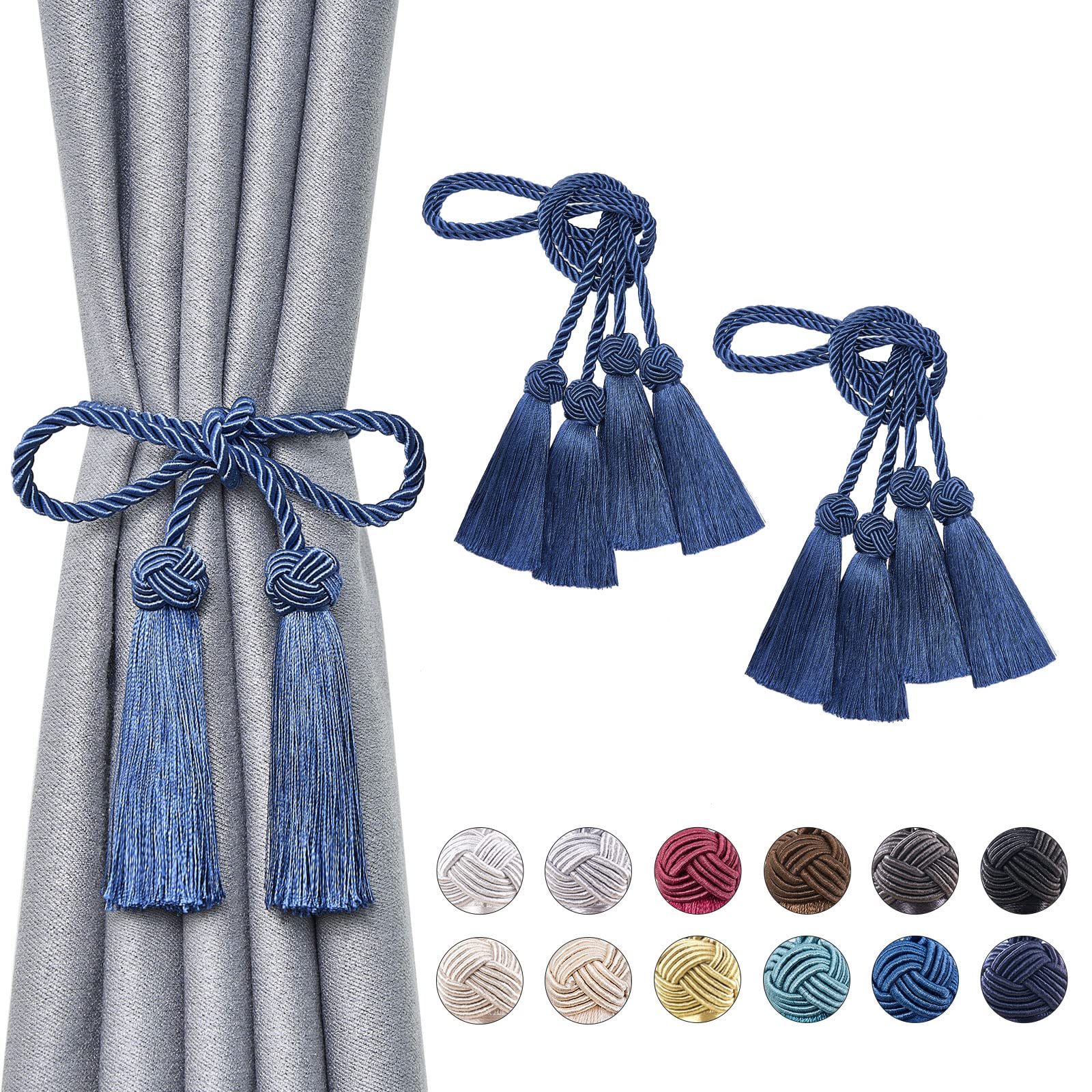 Pretty Jolly 4 Pack Double-ended Tassel Curtain Tiebacks Handmade Braided Rope Knot Drape Tie Backs European Style Decorative Curtain Holdbacks for Home & Office Window Drapery (Navy Blue)