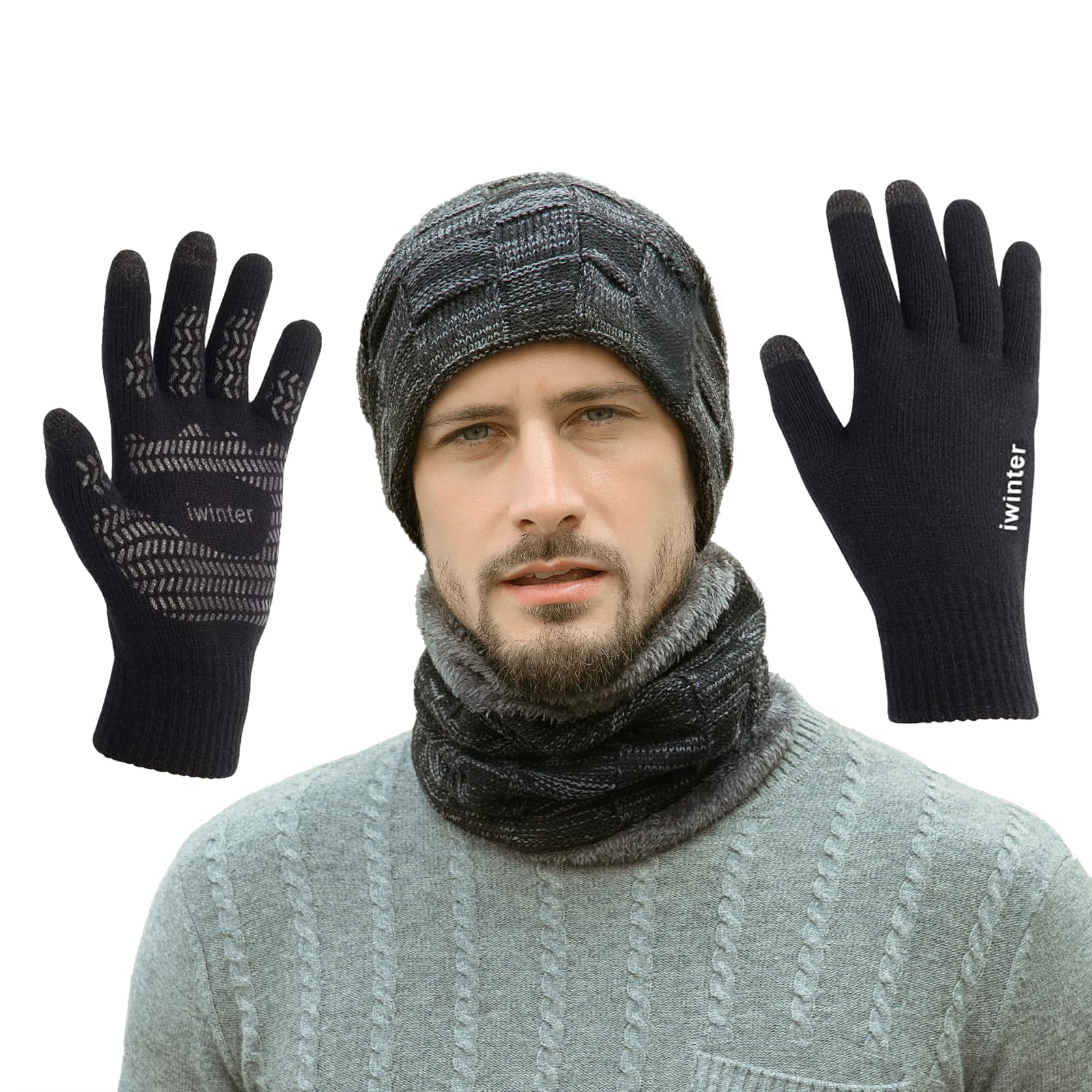 MAYLISACC Winter Beanie Hat Scarf and Touch Screen Gloves Set, Thermal Knit Cap Neck Warmer with Glove for Men Women