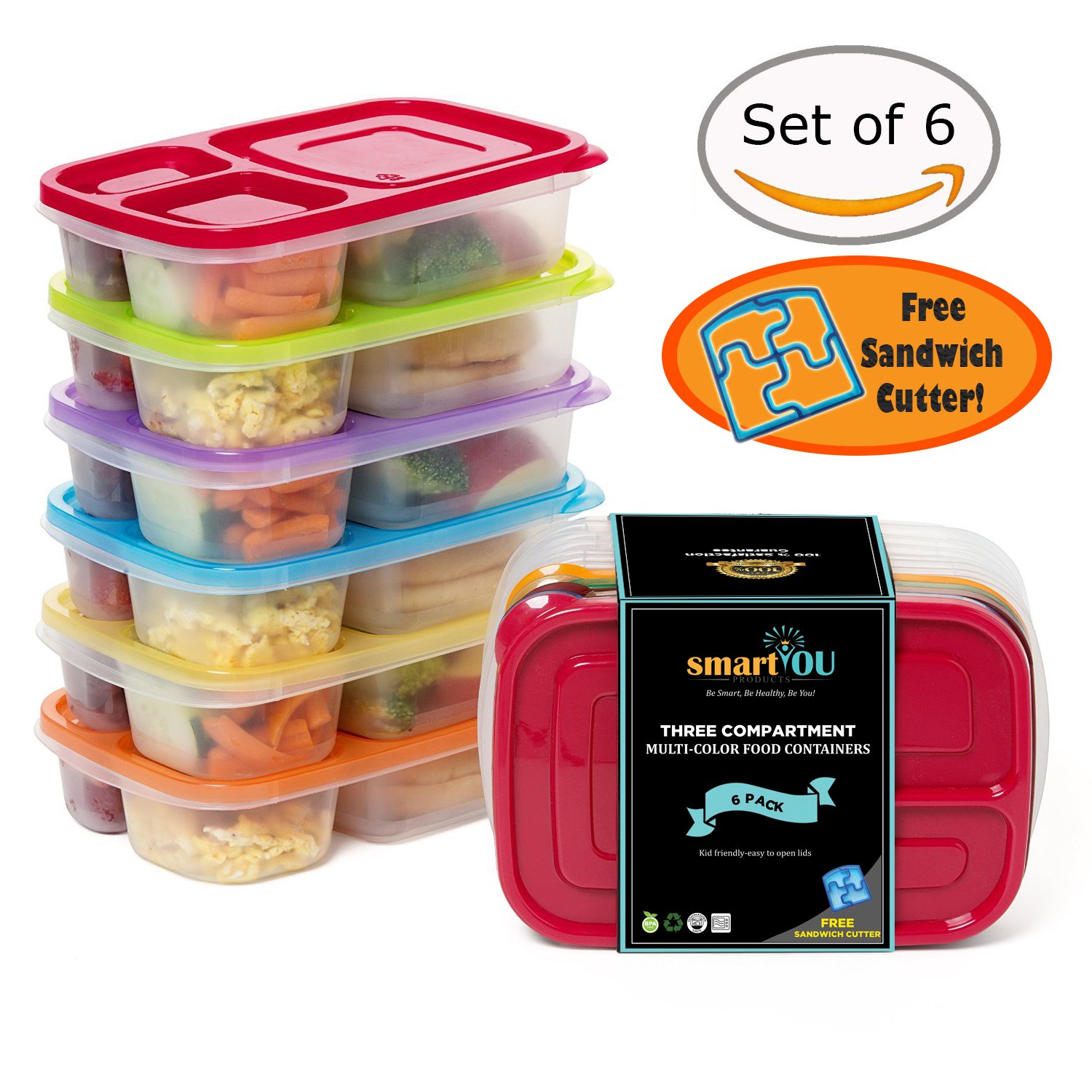 3-Compartment Multicolored Bento Lunch Box Containers For Adults & Kids (6 Pa.. 19 81Dphwo5SoL