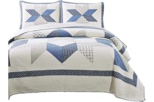 KASENTEX Authentic 100% Cotton Easy-Clean Decorative Bedspread with Floral Patchwork Coverlet, Soft & Oversized Quilt Bedding for Better Coverage, Full/Queen 90x96, Diamond Motif Blue/Ivory