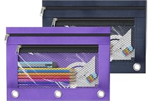 DoDoMagxanadu Binder Pencil Pouches, Pencil Pouch for 3 Ring Binder, Double Pocket Clear Window Pencil Case for Binder, Zippered Pencil Pouches with Rivet Enforced 3 Ring, 2 Pack (Navy blue)