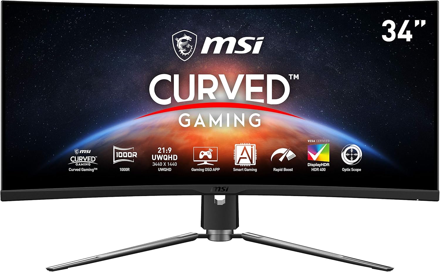 MSI MPG ARTYMIS 343CQR 1000R Curvature 21:9 Aspect Ratio Anti-Glare Super Narrow Bezel 1ms 3440 x 1440 (UWQHD) 165Hz Refresh Rate Tilt/Swivel/Height Adjustment 34