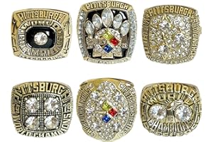 LegacyVault 6Pcs National Football Pittsburgh Championship Ring Set,With Wooden Display Box Trendy Accessory Durable Collectible Championship Bling, Gift For Fans