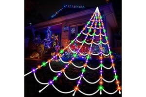 AITBAY Halloween Decorations Spider Webs Lights: 150 Purple & Orange & Green LED Halloween Lights Decor Outdoor, 17.4Ft Giant Spiderweb with 8 Lighting Modes Waterproof & Timer, Halloween Decorations Outside