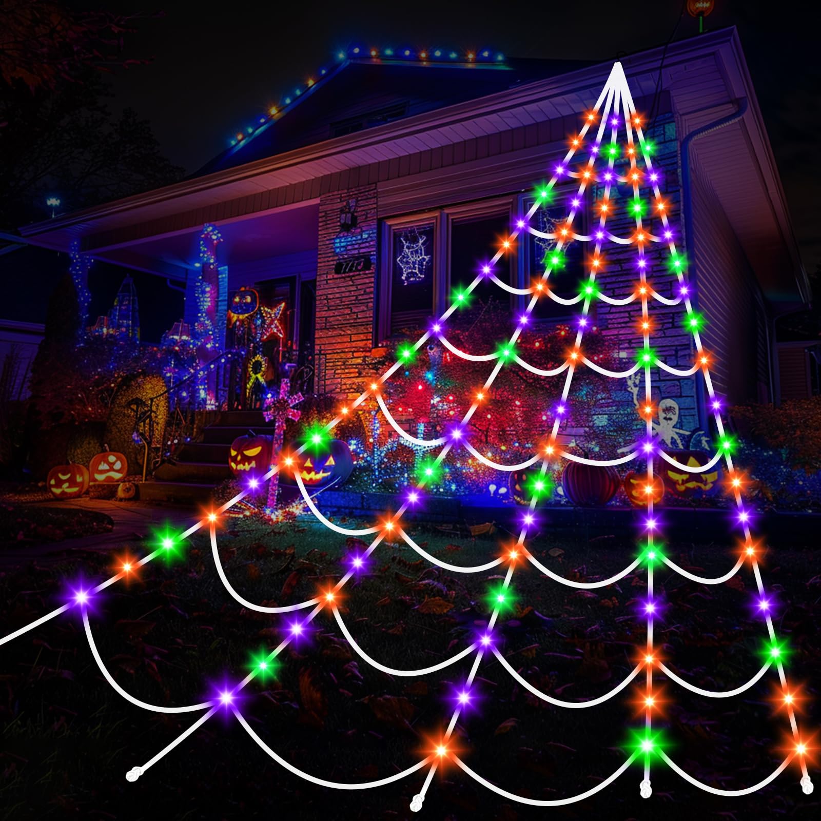 Photo 1 of Halloween Decorations Spider Webs Lights: 150 Purple & Orange & Green LED Halloween Lights Decor Outdoor, 17.4Ft Giant Spiderweb with 8 Lighting Modes Waterproof & Timer, Yard Spider Web Decoration