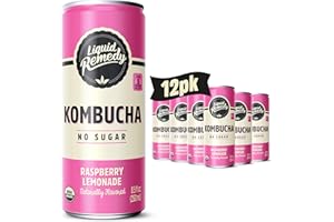 Liquid Remedy Kombucha Sugar Free Organic Drink, Low Calorie, Probiotic Like Tea for Gut Health - Raspberry Lemonade - 8.5 Fl Oz Can, 12-Pack