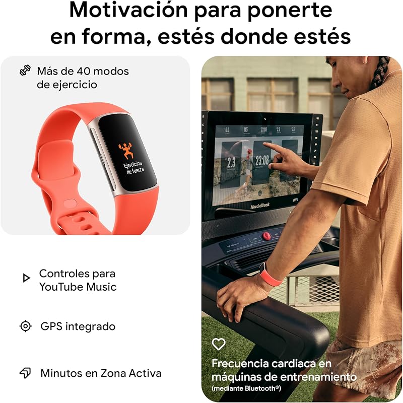 Google Fitbit Charge 6 Pulsera de actividad con 3 meses de suscripción al servicio Google Health Premium incluidos, 7 días de batería, Google Wallet y Maps, Coral/Aluminio Oro Champagne