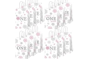 TEVXJ Winter Onederland Goodie Gift Bags Snowflake 1st Birthday Party Favor Girls Christmas Gift Supplies Silver Pink First Candy Treat Bags for Holiday Xmas Baby Shower Kids One Birthday Party Decorations