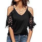 TFSDOD Womens Summer V Neck Cold Shoulder Tops T Shirts Cut Out Lace Short Sleeve Solid Color Blouses Shirt