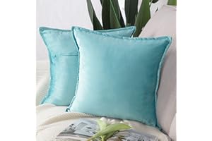 MADIZZ Set of 2 Super Soft Velvet Decorative Throw Pillow Covers 16x16 inch Aqua Square with Fringe Luxury Style Cushion Case