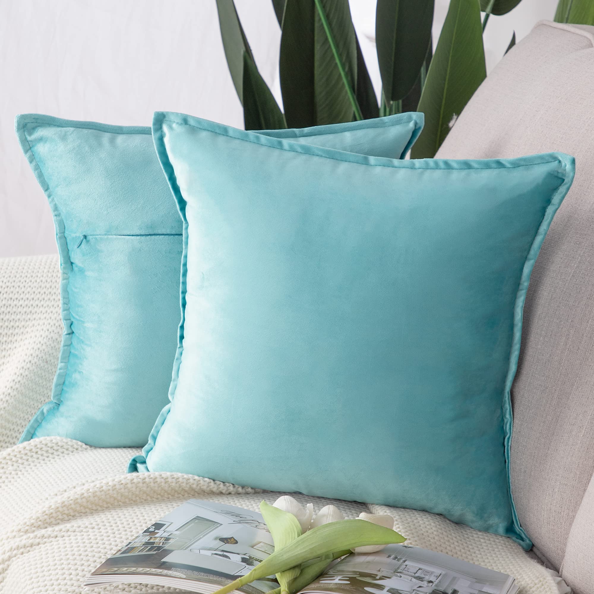 Madizz Pack of 2 Super Soft Velvet Decorative Cushion Covers with Fringe Luxury Style Cushion Case Pillow Shell for Sofa Bedroom Square Aqua 18x18 inch, 45x45 cm