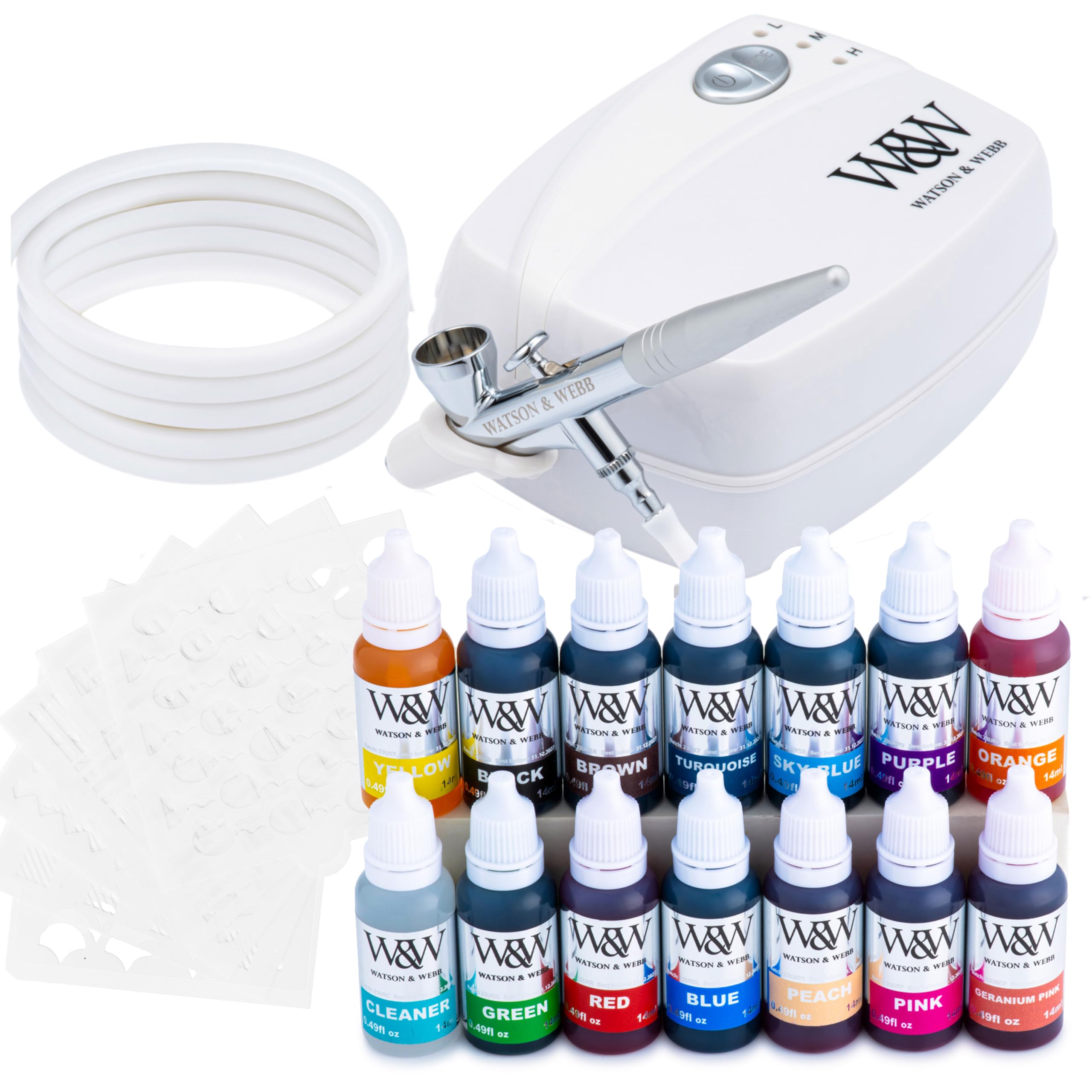 Photo 1 of Watson & Webb Essentials Selection - Cake Airbrush Decorating Kit - Inc Professional 3 Speed Mains Powered Spray Gun, 13 Vibrant Colors & Tools - for Food, Cakes, Cookies & Baking